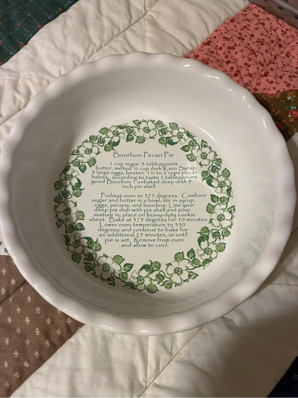 White Ceramic Serving Pie Dish with Green Vine Pattern